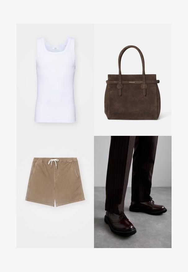 Weißes Baumwoll-Top ohne Ärmel mit rundem Ausschnitt, ausgestattet mit einer glatten Textur und einer figurbetonten Form, ideal für die Freizeit.; Braune Baumwollshorts mit einem elastischen Bund und weißem Kordelzug, ausgestattet mit zwei seitlichen Taschen und einem geraden Schnitt.; Braune Leder Schnürschuhe mit glänzender Oberfläche, schwarzer Gummisohle und dezenten Nähten. Getragen mit braunen Angabenhosen mit Nadelstreifen.; Dunkelbraune Wildledertasche mit doppelten Griffen und einem horizontalen Riemen, der mit einem kleinen goldenen DSQUARED2-Logo-Plakette versehen ist.