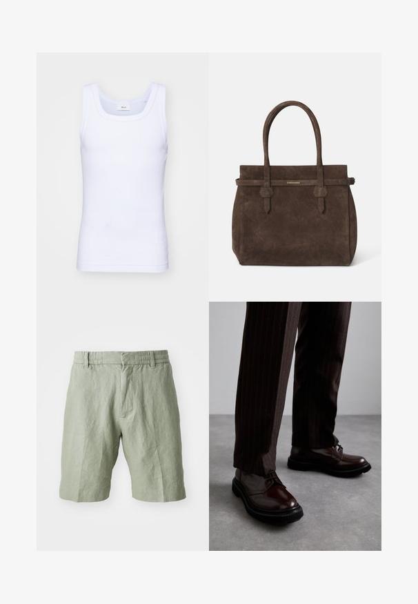 Balti medvilninė be rankovių marškinėliai su apvaliu iškirpimu, pasižymintys lygiu tekstūru ir prigludusia forma, skirti kasdieniam dėvėjimui.; Šviesiai žali lino šortai su laisvu kirpimu, elastingu juosmens diržu ir dviem priekinėmis kišenėmis. Lygi tekstūra su kasdiene dizaino estetiką.; Rudos odinės bateliai su raišteliais, blizgiu paviršiumi, juoda gumine absorbcija ir subtilia siūle. Dėvimi su rudos spalvos dryžuotomis kelnių.; Tamsiai ruda zomšinė rankinė su dviem rankenomis ir horizontaliu diržu, kuriame yra mažas auksinis DSQUARED2 logotipo ženklelis.