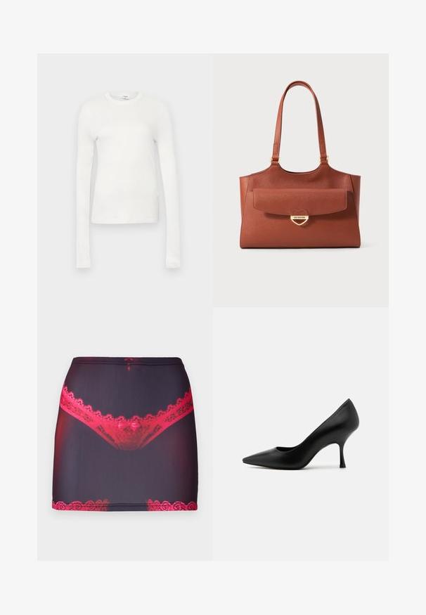 Biele tričko s dlhým rukávom vyrobené z jemnej bavlny. Má okrúhly výstrih, priliehavý strih a hladkú textúru. Bez vzorov alebo akcentov.; Čierna mini sukňa z textílie so stredne dlhým strihom, ktorá má hore a na okraji červenú čipkovú obrubu, a na prednej strane grafický potlač červených čipkových nohavičiek.; Čierne kožené lodičky na vysokom opätku s špicatou špičkou a štíhlym opätkom, s hladkou textúrou a klasickým siluetom.; Hnedá kožená taška s dlhými uchami, predná vrecko na klapke a zlatým srdiečkovým zapínaním s gravírovaním "Love Moschino."