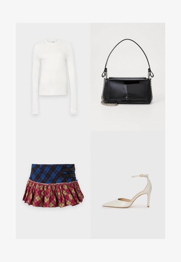 Balta ilgomis rankovėmis marškinėliai, pagaminti iš švelnaus medvilnės. Turi apvalią iškirptę, aptemptą siluetą ir lygų paviršių. Be raštų ar akcentų.; Glamžinė sijonas su mėlynos ir juodos spalvos čekų raštu, su dviem juodais sagtimis ir raudonais, žaliais bei geltonais rombo formos pūstais kraštais.; Balti odiniai aukštakulniai batai su smailiu priekiniu galu, kulkšnies dirželiu ir siauru stiletu. Lygi tekstūra su subtiliu blizgiu paviršiumi.; Juodas lakinės odos rankinės ilgis stačiakampis, su grandinėlės dirželiu ir išskirtiniu metaliniu akcentu centre. Lygus paviršius.