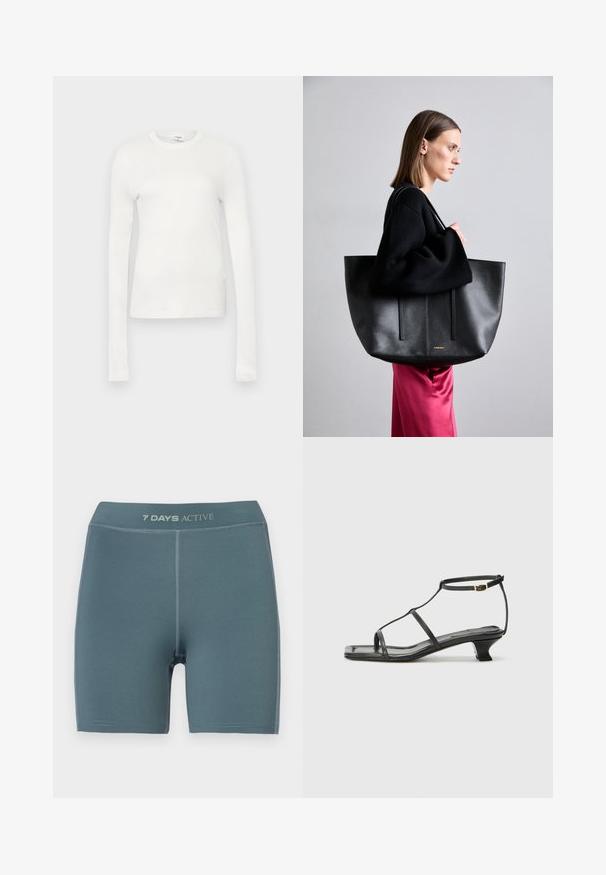 Camiseta blanca de manga larga hecha de algodón suave. Presenta un escote redondo, silueta ajustada y textura suave. Sin patrones ni acentos.; Pantalones cortos activos de color azul claro con una textura suave, longitud a mitad del muslo y un logo en la cintura; cuentan con costuras reforzadas.; Sandal de cuero negro con punta cuadrada, correas delgadas, correa ajustable en el tobillo y un tacón bajo. Presenta un pequeño detalle dorado en la correa.; Bolso tote de cuero negro con un acabado texturizado, que presenta dos líneas verticales, doble correa para el hombro y un diseño minimalista.