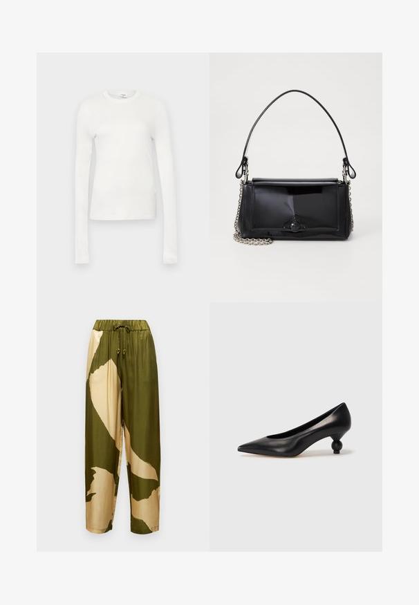Tricou alb cu mânecă lungă, realizat din bumbac moale. Dispune de un gât rotund, o siluetă ajustată și o textură netedă. Fără modele sau accente.; Pantaloni satin cu un model abstract în nuanțe de verde măslin și bej, talie elastică cu șnur și picioare conice.; Pantofii cu toc înalt din piele neagră, cu vârf ascuțit și toc rotund, mimos. Textură netedă, cu un design elegant și minimalist.; Geantă din piele patent neagră, cu o formă rectangulară, mânere din lanț și un accent distinctiv din metal în centru. Textură netedă.