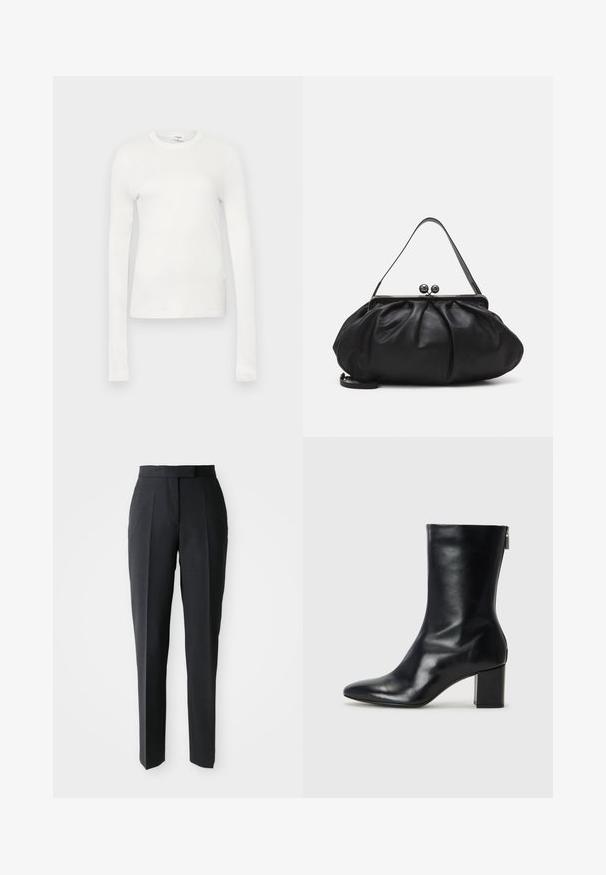 Biele tričko s dlhým rukávom vyrobené z jemnej bavlny. Má okrúhly výstrih, priliehavý strih a hladkú textúru. Bez vzorov alebo akcentov.; Čierne nohavice so strihom rovného nohu a vysokým pásom, s prednými záhybmi, vystavené na jednoduchom svetlom pozadí.; Čierne kožené členkové topánky s špicatou špičkou a blokovým podpätkom vysokým 4 cm. Elegantný dizajn obsahuje bočný zips pre jednoduché obúvanie. Hladká textúra.; Čierna kožená kabelka s zaobleným, nariadeným dizajnom. Disponuje kovovým zapínaním s dvoma dekoračnými guľôčkami a tenkým, odnímateľným popruhom.