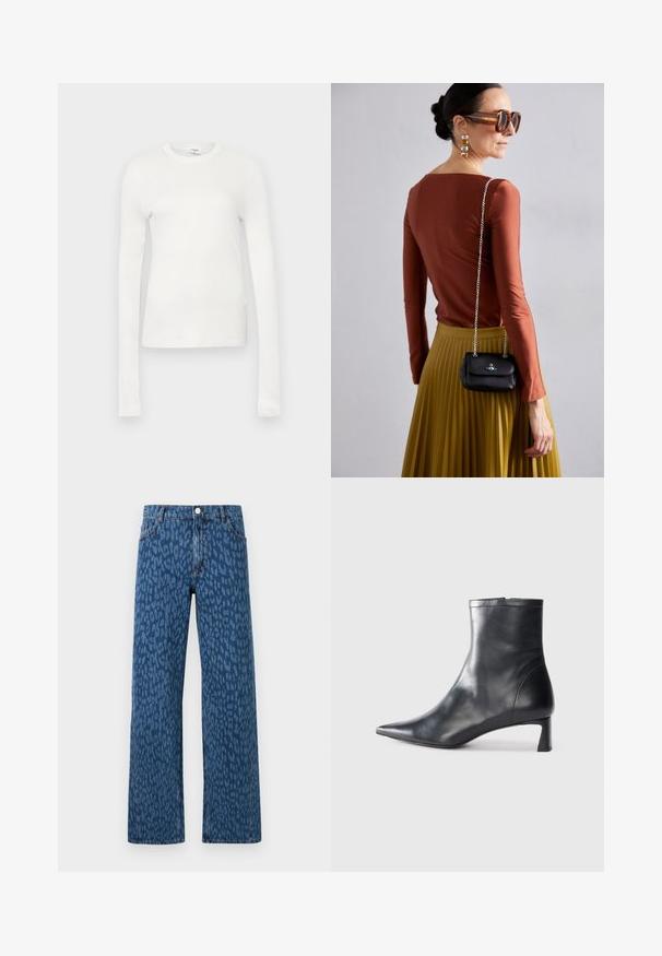 Fehér, hosszú ujjú póló puha pamutból. Kerek nyakkivágással, testhezálló fazonnal és sima felszínnel rendelkezik. Nincs rajta minta vagy díszítés.; Sötétkék farmer széles lábakkal, leopárdmintás kialakítással, elülső zsebekkel és klasszikus gombos záródással.; Fekete bőr bokacsizma hegyes orral és letisztult dizájnnal. Alacsony sarka és hátsó cipzáras záródása van. Simának tűnő textúra.; Vivienne Westwood SMALL PURSE CHAIN - Keresztpántos táska - black