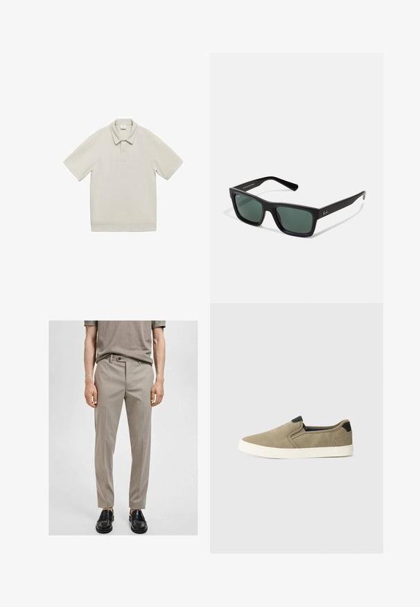 Mango Bluză polo - grey; Pantaloni bej croiți, dintr-un material neted, cu o croială slim și pliuri frontale. Asortați cu mocasini negri, evidențiind un design simplu și modern.; Pantofi slip-on taupe cu un material superior texturat, accent pe toc negru în contrast și talpă din cauciuc alb. Design perforat pentru respirabilitate.; Ochelari de soare dreptunghiulari negri cu lentile verzi, având un finisaj mat, temple drepte și logo-ul Ray-Ban pe lateral.
