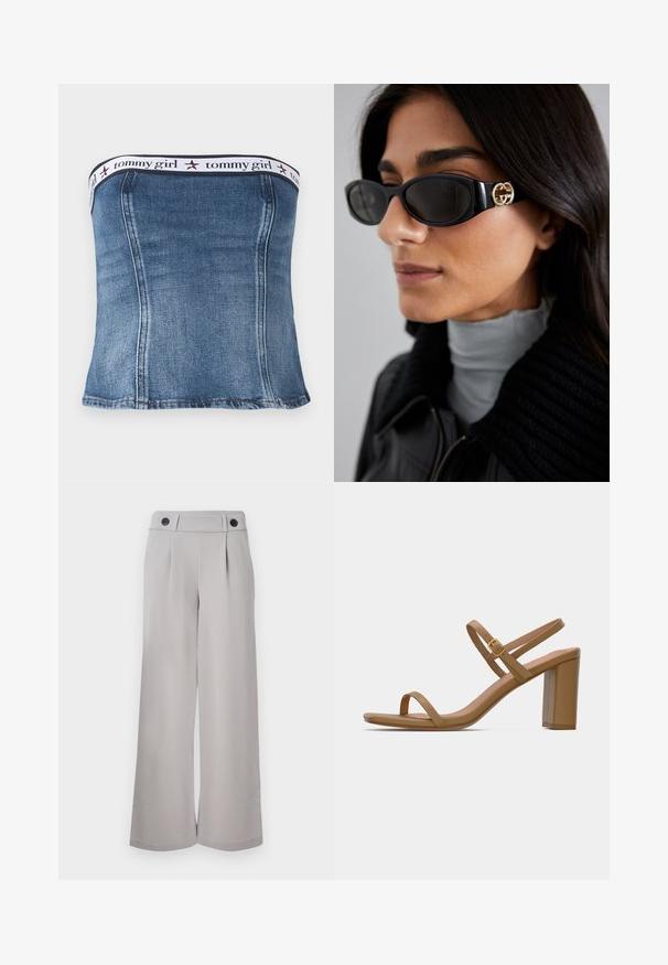 Jeans strapless top met een aansluitend ontwerp, voorzien van een witte elastische band met "tommy girl" branding en rode steraccenten nabij de bovenkant.; Lichtgrijze wijde broek van gladde stof, met een rechte voorkant, twee plooien en twee zwarte knopen bij de tailleband.; Lichtbruine hoge sandalen met twee slanke riemen en een vierkante blokhak. Glad materiaal met een minimaal ontwerp en een klein gouden gespdetail.; Zwarte zonnebril met een stijlvolle rechthoekige montuur en een gouden logo-accent aan de zijkant. Donkere lenzen en een glanzende afwerking zijn opvallend.; Grijze handtas met textuur, voorzien van een gevoerde handgreep, gaasaccenten, verstelbare schouderband en een sluiting aan de voorkant. Compact ontwerp met een ronde vorm.