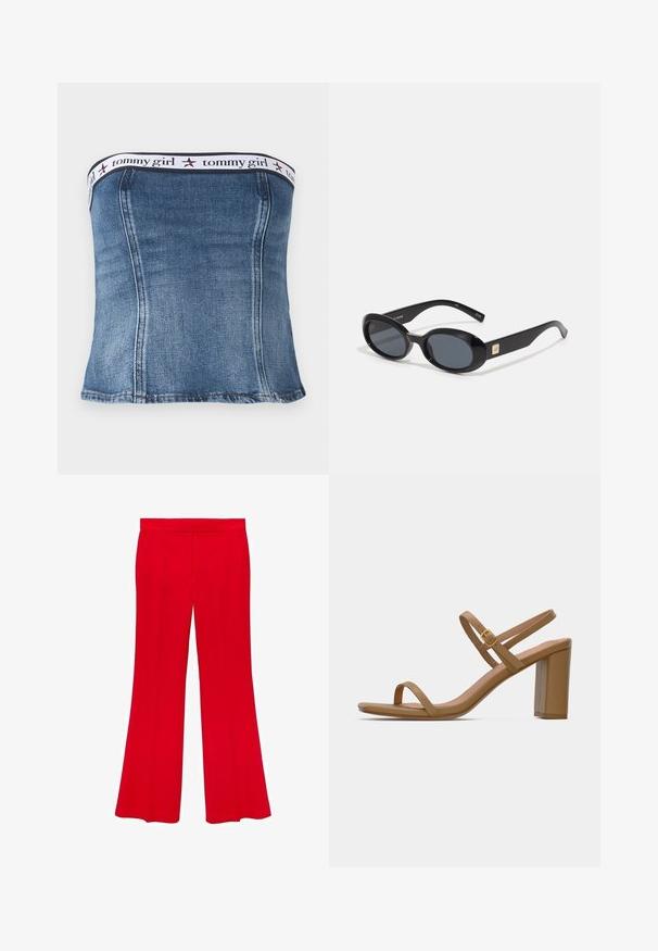 Denim strapless top with a fitted design, featuring a white elastic band with "tommy girl" branding and red star accents near the top.; Red flared trousers made from a smooth fabric with a high waistband and two front pockets. The design features clean lines and a tailored fit.; Light brown heeled sandals with two slender straps and a square block heel. Smooth material with minimal design and a small gold buckle detail.; Black oval sunglasses with dark lenses, glossy plastic frame, wide arms, and a small gold accent on one side.; White leather handbag with a gold-tone clasp, black accents, a detachable shoulder strap, and a structured design with a flap closure.