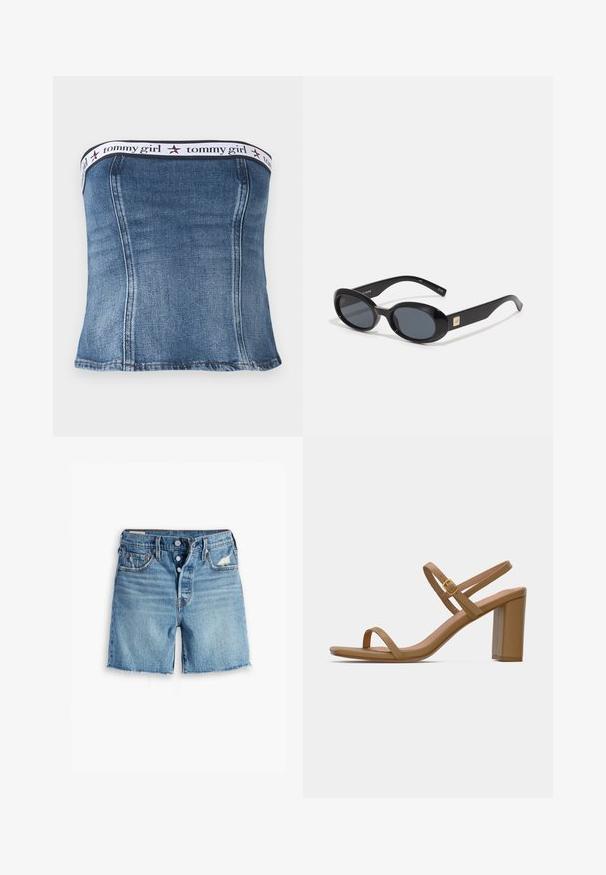 Denimist ilmaõlgadega topp, millel on keha lähedane disain, valge elastne riba "tommy girl" brändinguga ja punaste tähtede aktsentidega ülaosas.; Heledad sinised teksapüksid franseeritud servaga, nööbiga kinnitamine ja viie taskuga disain. Ees on kerge kulumine.; Heled pruuni värvi sandaalid kahe kitsase rihmaga ja ruudukujulise plokknõlva. Sile materjal, minimaalne disain ja väike kuldne kinnitusdetail.; Mustad musta ovaalsetes prillides tumedate läätsedega, läikiva plastikraamiga, laiad varred ning ühel küljel väike kullatooniline aktsent.; Valge nahast käekott kuldse klambriga, mustade aksentidega, eemaldatava õlarihmaga ja struktureeritud disainiga, millel on klapiga sulgemine.