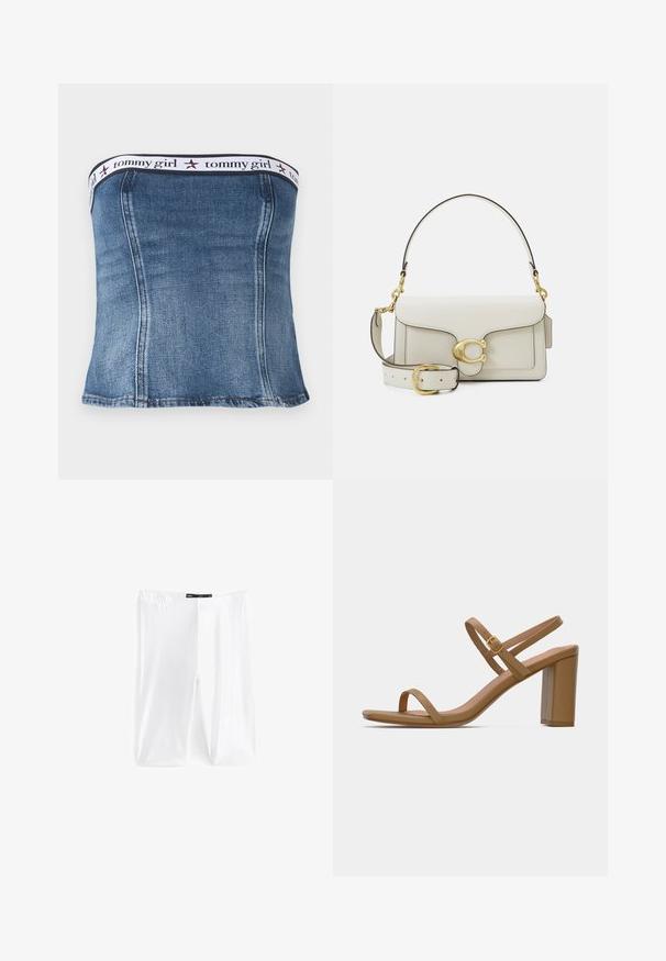 Top senza spalline in denim con un design aderente, caratterizzato da un bordo elastico bianco con il marchio "tommy girl" e accenti rossi a stella vicino alla parte superiore.; Leggings bianchi realizzati in tessuto elastico, con un cinturino in vita elastico e una superficie liscia. Nessun motivo o dettaglio aggiuntivo visibile.; Sandali con tacco color marrone chiaro, dotati di due cinturini sottili e di un tacco a blocco quadrato. Materiale liscio con un design minimale e un piccolo dettaglio in oro.; Borsa a tracolla in pelle bianca con chiusura in tonalità oro, dettagli neri, tracolla removibile e design strutturato con chiusura a pattina.