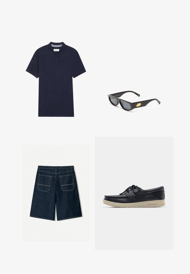 T-paita merinavyönsin sinisestä väristä, valmistettu teksturoidusta kankaasta, jossa on kolme nappia, lyhyet hihat ja raidallinen kaulusyksityiskohta.; Tummansiniset farkkushortsit, joissa on löysä malli ja kaksi takataskua, joissa on erottuva ommel. Suora leikkaus ja polvenpituinen muotoilu.; Laivaston nahkavetovoima kenkä, jossa on matala profiili, valkoinen kumipohja, pyöreät nauhat ja koristeellista sivupistoa; siinä on metalliset silmukat ja logo.; Mustat aurinkolasit, joissa on suorakulmainen kehys, harmaat linssit ja silmiinpistävä kultainen logo tempurissa. Sileä muovimateriaali ja tyylikäs muotoilu.