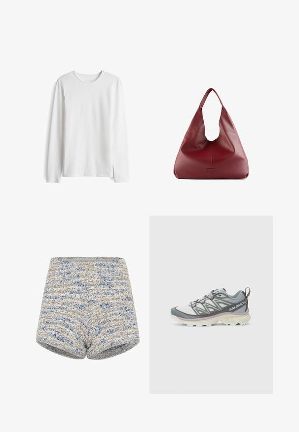 T-shirt à manches longues blanc en coton doux. Il présente un col rond et une coupe droite avec des coutures minimales et sans logos ni motifs visibles.; Shorts en tissu tissé présentant un tissu texturé avec des rayures bleues et beiges, une taille droite et une silhouette ajustée.; Chaussures de course légères et multi-matériaux avec une tige grise et blanche, un mesh texturé, une semelle rembourrée, et un laçage distinctif.; Sac hobo en cuir rouge avec un design large et décontracté, une grande ouverture, présentant une texture subtile et un logo embossé à l'avant.