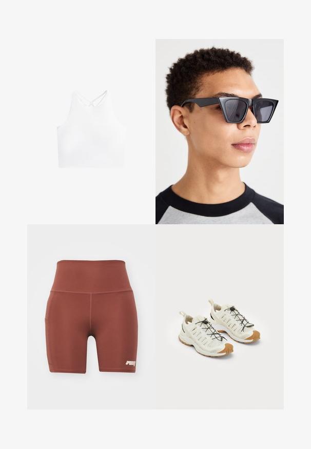 Top sportiv alb, scurt, cu guler înalt și două bretele încrucișate la spate, realizat dintr-un material neted și elastic.; Pantaloni scurți atletici ajustați, de culoare maro, cu un talie înaltă, realizați dintr-un material neted. Au o buzunar lateral și un logo mic în colțul din dreapta jos.; Adidași ușori, de culoare crem, cu partea superioară din plasă, șnururi elastice negre și accesorii din cauciuc maro pentru tracțiune și durabilitate.; Ochelari de soare negri, unghiulari, cu lentile închise la culoare, având un design geometric îndrăzneț și o finisare mată. Purtați de o persoană cu păr scurt.