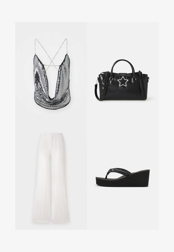 Hõbedane sädelev pluus, millel on sügav V-kaelus ja ristuvad kettstrapsid; omab läikivat, peegeldavat pinda ja volditud kangadisaini.; Valged laiad püksid tekstuuriga kangast, millel on kaks külge taskut ja kõrge vöökoht. Sile viimistlus ja sirge lõikega hem.; Mustad mustad sandaalid, millel on kootud rihmad, tekstureeritud pind ja mugav platvorm. Nähtavad brändimärgid või kaunistused puuduvad.; Mustmust mustrihmapu, millel on tähtkujuline hõbedane aktsent, kaks kätet ning reguleeritav õlarihm.