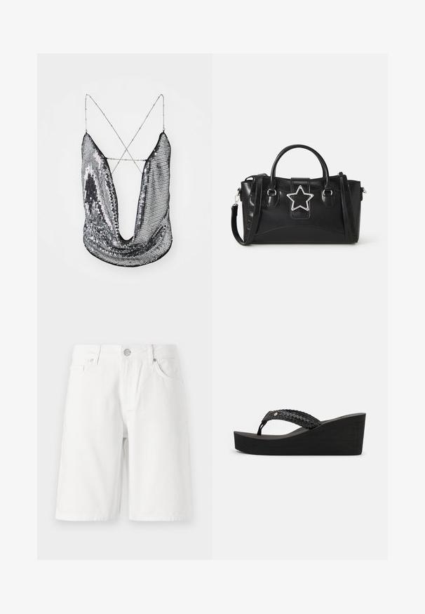 Zilveren pailletten top met diepe V-hals en kruisende kettingspenningen; heeft een glanzend, reflecterend oppervlak en een gedrapeerd stofontwerp.; Witte denim shorts met een vijf-pocket ontwerp, met een ritssluiting aan de voorkant, knoopsluiting en rechte snit. Soepele textuur, knielengte.; Zwarte wedge-sandalen met een geweven bandontwerp, voorzien van een textuur en een comfortabele zool. Geen zichtbare merknaam of versieringen.; Zwarte handtas van kunstleer met een stervormige zilveren accent, dubbele handgrepen en een verstelbare schouderband.