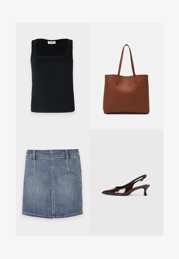 Černý bezramenní top s hranatým výstřihem, vyrobený z hladké látky. Jednoduchý design bez viditelných vzorů nebo akcentů.; Džínová mini sukně v světle modré barvě s klasickým střihem. Má přední kapsy a poutka na opasek, rovný lem a jemné zeslabení.; Hnědé lakované kožené slingback boty s špičatou špičkou a mírným podpatkem. Disponují přezkou pro bezpečné upevnění. Hladký povrch.; Hnědá kožená taška přes rameno s hladkou texturou, otevřeným designem a dvěma ramenními popruhy. Obsahuje minimální švy a žádné viditelné kovové prvky.