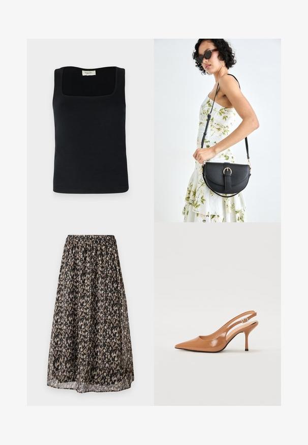 Camisola sem mangas preta com decote quadrado, feita de um tecido suave. Design simples, sem padrões ou detalhes visíveis.; Saia midi preta feita de tecido leve, com um padrão floral em tons de bege e creme. Cintura elástica para um ajuste ajustável.; Sandal com bico fino e tacão slingback em um material liso e brilhante na cor tan. Apresenta um design de recorte curvo e um tacão alto e esbelto. Detalhe de fivela prateada.; Bolsa de couro preta com forma curva, alça destacável e detalhes em dourado. A bolsa possui uma aba com detalhe de fivela.