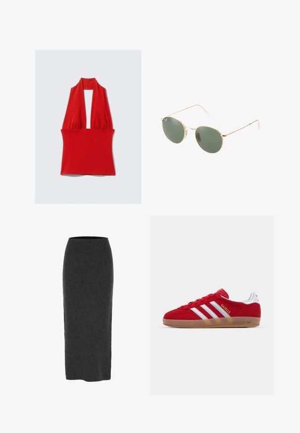 Roter Haltertop aus dehnbarem Material, mit einem tiefen V-Ausschnitt und gerafftem Design am Hals und der Taille, mit einer glatten Textur.; Strick-Bleistiftrock in Dunkelgrau, knielang mit taillierter Form, glatter Textur und elastischem Bund für mehr Komfort.; Rote Wildleder-Sneaker mit weißem Dreistreifen-Design und goldenem "Gazelle"-Schriftzug. Besitzt eine Gummisohle und eine strukturierte Ferse.; Sonnenbrille mit goldfarbenem Metallrahmen und grünen Gläsern, runder Form, dünnen Bügeln und weißen Kunststoffakzenten an den Enden der Bügel.; Perlenkette mit runden, weißen Perlen, einem goldenen, tropfenförmigen Anhänger und einem goldenen Verschluss, der eine glatte Textur und ein minimalistisches Design betont.