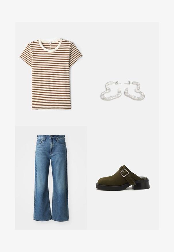 Striped t-shirt featuring brown and white horizontal stripes, short sleeves, and a cream-colored crew neck in a soft, textured fabric.; Wide-leg blue denim jeans with a mid-rise waistband, five pockets, and subtle fading. Features include belt loops and stitched detailing.; Olive green suede mule with a low, chunky black heel. Features a side strap with a silver buckle for adjustment. Smooth texture overall.; Silver-tone earrings featuring a wavy, abstract design adorned with small, sparkling crystals. Secure stud back closure.