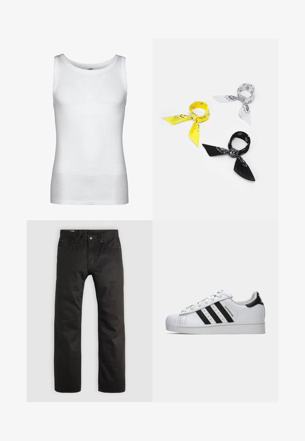 Urban Classics TANK - Viršus - white; Juodos tiesios kojų kelnės su priekiniais mygtukais ir užtrauktuku, diržo kilpelėmis ir penkių kišenių dizainu ant šviesaus fono.; Balti Adidas Superstar sportbačiai su juodomis juostelėmis, apvaliu pirštu ir „Superstar“ užrašu šone, pateikti kairiajame profilyje ant balto fono.; Trys bandanos: vienas geltonas su juodais raštais, vienas baltas su juodais piešiniais ir vienas juodas su baltais grafikos elementais. Visi kvadratiniai, lengvos medžiagos.