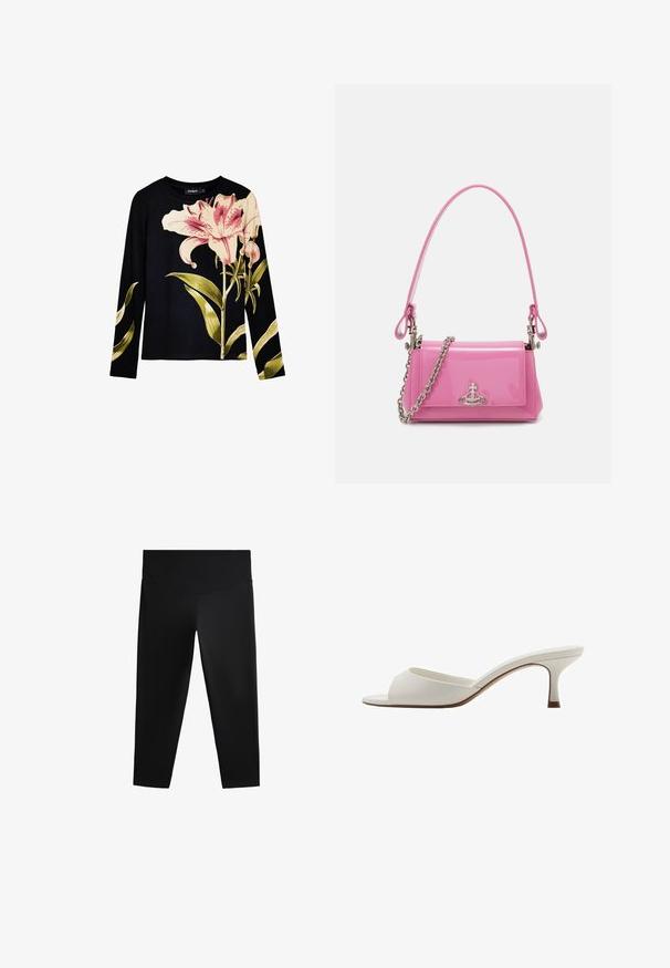 Czarny top z długim rękawem o prążkowanej fakturze, z dużymi różowymi liliami i zielonymi liśćmi nadrukowanymi z przodu. Lekki materiał.; Czarne legginsy sportowe z wysokim stanem, gładkim materiałem i dopasowanym krojem, zaprojektowane z myślą o swobodzie ruchów i komforcie.; Białe, otwarte na palcach mule na wysokim obcasie o gładkim wykończeniu, minimalistycznym designie i smukłym obcasie, z subtelnym brązowym akcentem na podeszwie.; Różowa torebka z lakierowanej skóry o prostokątnym kształcie, z odpinanym łańcuchem i srebrnymi detalami z przodu.