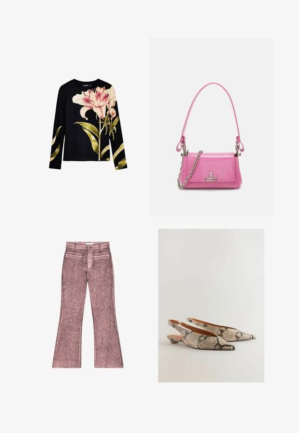 Mustapaita pitkissä hihoissa, jossa on ribbikuviointi, etupuolella suuria vaaleanpunaisia liljoja ja vihreitä lehtiä. Kevyt kangas.; Vaaleanpunaiset leveälahkeiset farkut, joissa on kulunut pinta, kaksi etutaskua, edessä vetoketjukiinnitys ja koristeommeltu sauma.; Next REGULAR FIT FOREVER COMFORT POINT TOE - Takaa avoimet ballerinat - snake; Vaalea vaaleanpunainen lakattu nahkakäsilaukku, jossa on suorakulmainen muoto, irrotettava ketjun olkaimet ja hopeiset yksityiskohdat edessä.