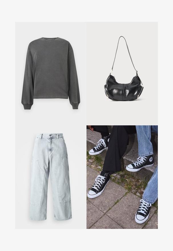 Felpa grigia a maniche lunghe con collo a giro, realizzata in tessuto morbido. Presenta polsini a coste e una vestibilità comoda. Design minimalista, senza motivi.; Pantaloni in denim azzurro chiaro a gamba larga con grandi tasche laterali, vita alta e vestibilità comoda. Texture con effetto usurato e finitura sbiadita.; Sneakers alti neri in tela con suole e lacci bianchi, dotati di un logo circolare di lato e abbinati a pantaloni in denim e neri.; Borsa a spalla a forma di mezzaluna in pelle nera con zip argento su entrambi i lati e una singola tracolla.