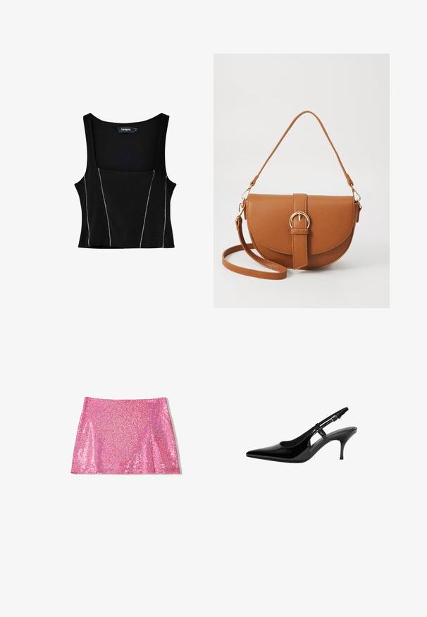 Top nero senza maniche con scollo quadrato, caratterizzato da cuciture bianche a contrasto lungo le cuciture per un dettaglio visivo. Tessuto morbido.; Mini gonna rosa con paillettes, dalla texture liscia, taglio dritto e leggero svaso all'orlo. I luccichii riflettono la luce, esaltando il suo colore vivace.; Pumps slingback in vernice nera con punta affusolata, ritagli laterali aperti, tacco sottile e cinturino alla caviglia regolabile.; Borsa a tracolla in pelle marrone con forma curvata, hardware dorato e un dettaglio con fibbia. Presenta una tracolla rimovibile.