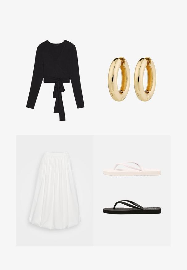 Even&Odd Majica z dolgimi rokavi - black; Bela krila iz lahkega materiala, z elastičnim pasom, nabranimi detajli in obsežno A-linijo.; Bele in črne gumijaste natikače z teksturiranimi podplati, tankimi trakovi in kontrastnimi barvami. Vsak par ima preprost dizajn in minimalno blagovno znamko.; Zlate uhane v obliki obroča z gladko, polirano površino in okroglo obliko. Notranji rob ima subtilen razcep za zapiranje.