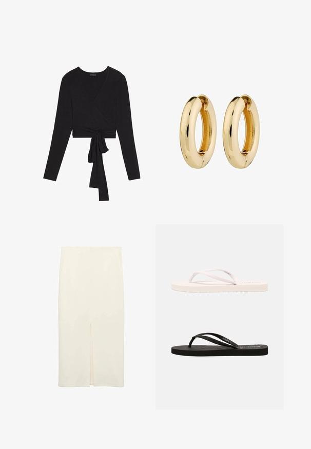 Even&Odd Långärmad tröja - black; Krämfärgad midikjol med en åtsittande design, som har en framficka för extra detalj, tillverkad av ett slätt tyg med en subtil textur.; Vita och svarta gummitofflor med strukturerade fotbäddar, tunna remmar och kontrasterande färger. Varje par har en enkel design och minimal branding.; Guldörhängen i form av hoops med en slät, polerad yta och rundad form. Den inre kanten har en subtil delning för fäste.