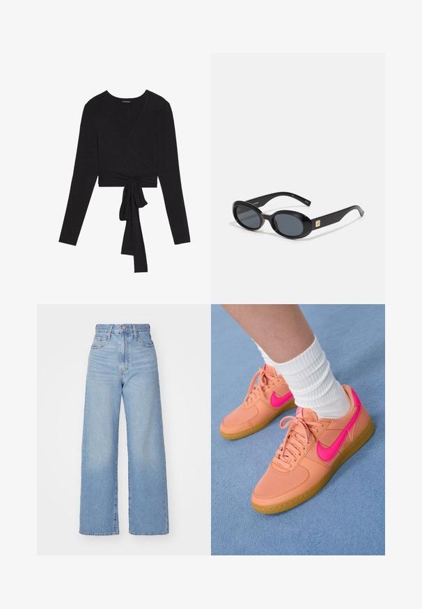 Even&Odd Pikkade varrukatega topp - black; Heledad sinine kõrge vöökohaga laiad teksad, ees nupp ja tõmblukk, ees ja taga taskud, valge tausta peal.; Roosa ja oranž tennis, millel on nahast ja kangast ülemine osa, ümmargune varvas, kummist tallad ja roosa Nike swoosh, asetatud sinisele pinnale.; Mustad musta ovaalsetes prillides tumedate läätsedega, läikiva plastikraamiga, laiad varred ning ühel küljel väike kullatooniline aktsent.; Must mustrask käekott mustast nahast, millel on hõljuv kuju ja lai õlavarre rihm. Omab tekstuuri, punutud mustrit, mis on sileda pinnaga.