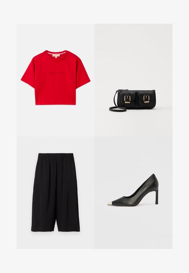 Crvena skraćena majica od pamuka, s rebrastim okruglim izrezom i utisnutim "MICHAEL KORS" logotipom sprijeda. Kratki rukavi.; Filippa K CASUAL - Kratke hlače - black; Crna kožna cipela s visokim potpeticama, špicastim vrhom i metalnim srebrnim vrhom. Ima glatku završnu obradu i tanku petu visine 10 cm.; Crna kožna torba preko ramena s dva prednja džepa, zlatnim kopčama, zatvaranjem na zip i uskim remenom. Teksturirana površina i kompaktan pravokutan oblik.