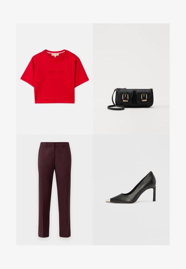 Rde kratka majica iz bombaža z ribastim okroglim izrezom in vtisnjenim logotipom "MICHAEL KORS" spredaj. Kratki rokavi.; Bordo krojene hlače iz gladkega materiala. Imajo ravno sprednjo stran, ožji kroj in brez vidnih žepov ali okrasnih elementov.; Črni usnjeni čevelj z visokim petom, s koničastim prstom in kovinsko srebrno kapico. Ima gladko površino in vitko peto višine 10 cm.; Črna usnjena torbica čez ramo z dvema sprednjima žepoma, zlatimi zaponkami, zadrgo in ozkim pasom. Tekstura površine je strukturirana, obliko pa ima kompaktno pravokotno.