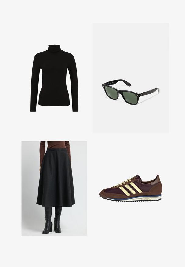 Black turtleneck long-sleeve top with a fitted design, made from soft, stretchy fabric. Smooth texture and minimal detailing.; Black A-line skirt made of textured fabric, featuring a high waist and pleats, paired with knee-high black leather boots.; Brown and burgundy sneaker with suede and mesh materials, featuring three cream stripes, textured fabric on the tongue, and a rubber sole.; Black plastic sunglasses with green lenses, square frames, silver accent on the brow, and textured temple arms. Stated brand on inner arm.; DRAGON DIFFUSION MINI FLAT GORA - Handbag - dark brown