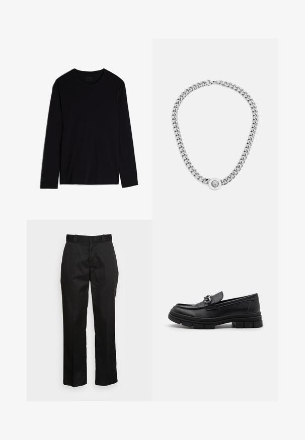 Svart långärmad skjorta i mjukt tyg, med rund hals och en enkel, sömlös design. Inga synliga mönster eller detaljer.; Svarta byxor i ett slätt tyg med raka ben, bälteshällor och två sidofickor. Klassisk look utan utsmyckningar.; Svart läderloafersko med rund tå, en dekorativ rem och hårdvara, samt en chunky texturerad sula. Slät finish med subtila detaljer.; Silverfärgad kedjohalsband med tjocka länkar och en central rund berlock med intrikata detaljer. Slät, reflekterande metallyta.