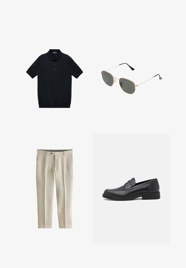 Schwarzes kurzärmliges Polohemd aus glattem Stoff mit einem klassischen Kragen und einer Knopfleiste mit drei Knöpfen; hat einen geraden Saum am unteren Ende.; Next SIGNATURE - REGULAR FIT - Stoffhose - neutral; Schwarze Lederloafer mit runder Zehe und genähten Details. Verfügt über eine flache Sohle und einen leichten Absatz für zusätzlichen Halt.; Goldfarbene Metallrahmen-Sonnenbrillen mit dunkelgrünen Gläsern im Pilotenstil, mit schlanken Bügeln und Schildpatt-Akzenten an den Spitzen.