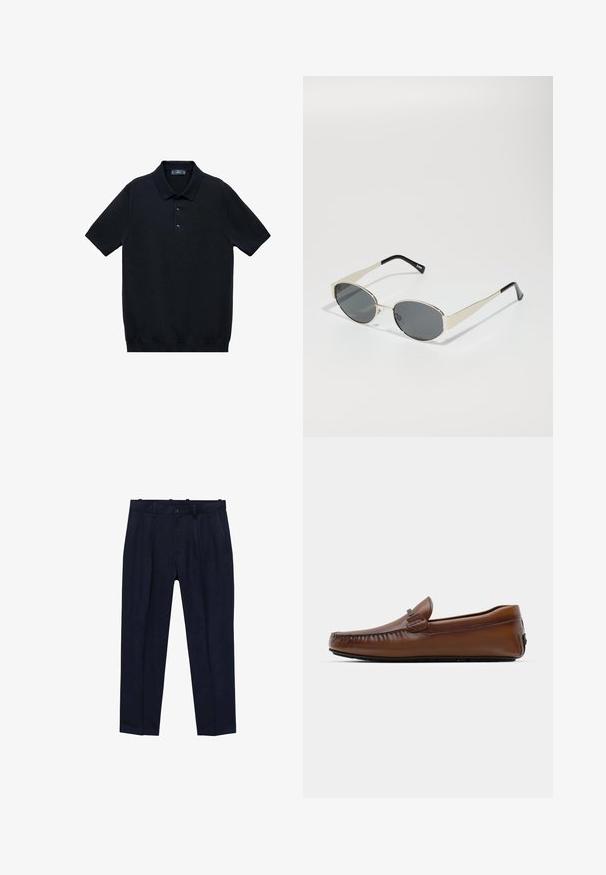 Černé polo tričko s krátkým rukávem vyrobené z hladkého materiálu, s klasickým límečkem a zapínáním na tři knoflíky; má rovný spodní lem.; Námornické kalhoty vyrobené z hladké látky, s mírně přiléhavým střihem, předními záhyby, poutky na opasek a jednobodovým zapínáním.; Hnědé kožené mokasíny s zaoblenou špičkou, šitými detaily a malým emblémem po straně. Podešev je plochá a texturovaná pro lepší přilnavost.; Sluneční brýle s oválnými šedými skly, stříbrným kovovým rámem a černými akcenty na spáncích. Vyznačují se elegantním designem a minimálním množstvím upevňovacích prvků.