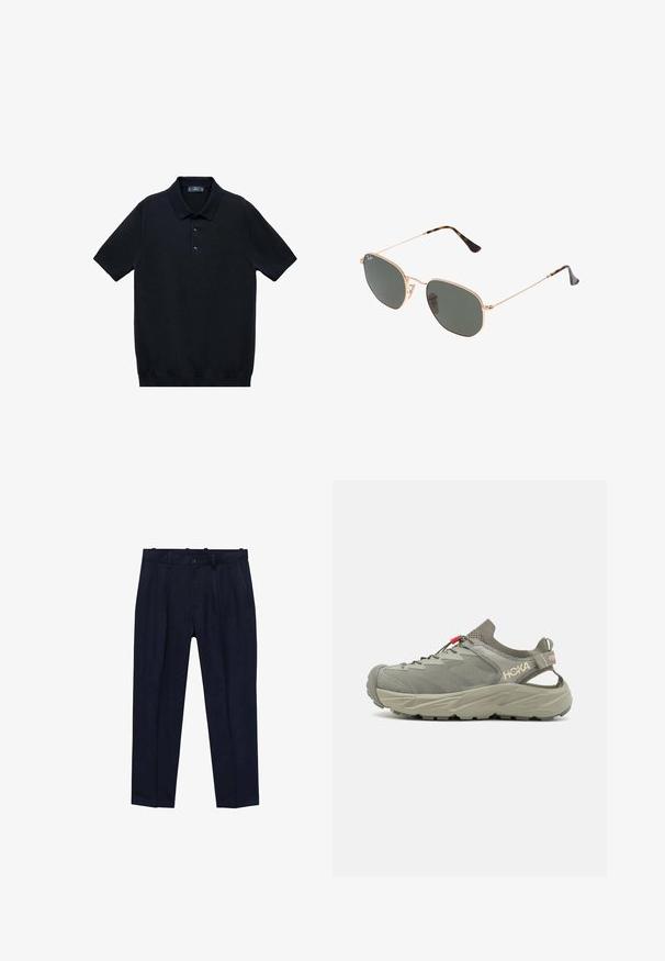 Črna polo majica s kratkimi rokavi, izdelana iz gladkega materiala, z uhano ovratnikom in tri gumbi; ima ravno rob na dnu.; Modre hlače iz gladkega materiala, ki imajo rahlo krojen kroj, sprednje gube, zanke za pas in enojno zapenjanje na gumb.; Svetlo sivi atletski čevlji z mrežastim zgornjim delom, oblazinjenim ovratnikom in sistemom za vezanje z zanko. Imajo debel, teksturiran podplat za stabilnost in oprijem.; Sončna očala z zlatim kovinskim okvirjem in temno zelenimi lečami, aviatorskega sloga, z vitekimi ročaji in želvovim vzorcem na konicah.