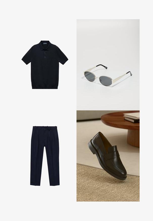 Black short-sleeve polo shirt made from smooth fabric with a classic collar and three-button placket; features a straight hem at the bottom.; Navy trousers made of smooth fabric, featuring a slightly tailored fit, front pleats, belt loops, and a single button closure.; Black leather loafer with a smooth finish, a rounded toe, and a decorative strap across the upper. Low rubber heel, set against a textured surface.; Sunglasses with oval gray lenses, silver metal frame, and black accents on temples. Features a sleek design and minimal hardware.