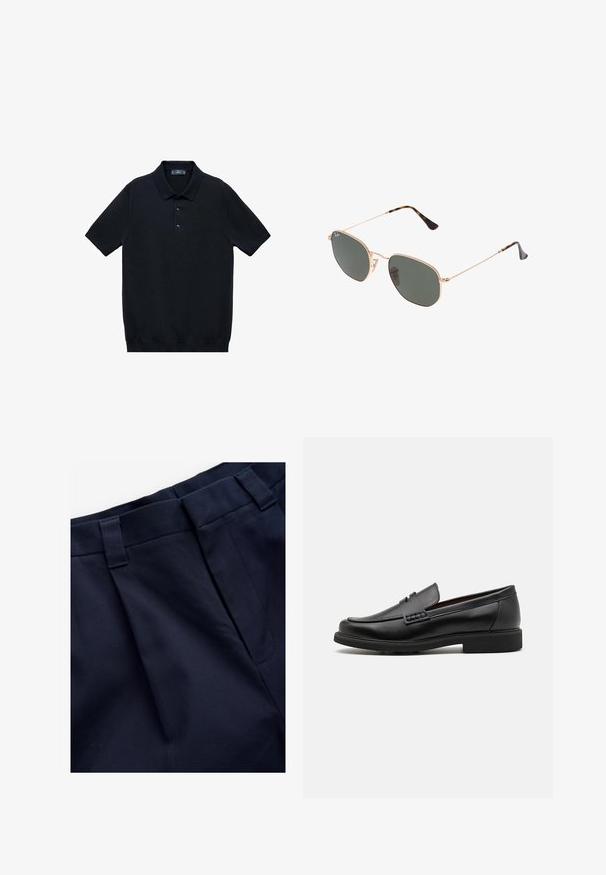 Svart kortärmad polo t-shirt i slät tyg med klassisk krage och treknapps placket; har en rak nederkant.; Marina plisserade byxor med en slät, texturerad tyg. Har en platt midja och bältesöglor, designad för komfort och passform.; Svart syntetiska loafers med en framträdande söm på framsidan, vadderad sula och platt gummiyttersula; elegant design med minimalt detaljerad.; Guldmetallramda solglasögon med mörkgröna linser, pilotstil, med smala armfästen och sköldpaddsmönstra detaljer på spetsarna.