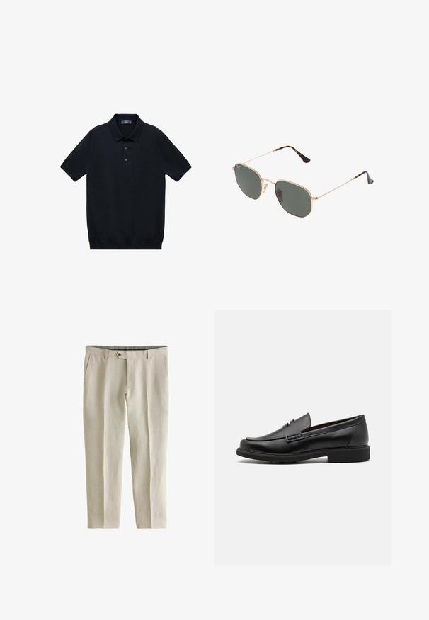 Black short-sleeve polo shirt made from smooth fabric with a classic collar and three-button placket; features a straight hem at the bottom.; Next SIGNATURE - REGULAR FIT - Trousers - neutral; Black synthetic loafers with a prominent stitched front, cushioned insole, and flat rubber outsole; sleek design with minimal detailing.; Gold metal-frame sunglasses with dark green lenses, aviator style, featuring slim arms and tortoiseshell accents on the tips.