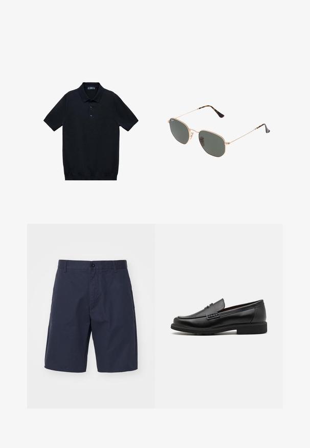 Schwarzes kurzärmliges Polohemd aus glattem Stoff mit einem klassischen Kragen und einer Knopfleiste mit drei Knöpfen; hat einen geraden Saum am unteren Ende.; Marineblaue Shorts aus leichtem Material mit Knopfverschluss, Seitentaschen, geradem Schnitt und sichtbaren Nähten.; Schwarze synthetische Slipper mit einer markanten gesteppten Vorderseite, gepolstertem Fußbett und flacher Gummisohle; schlankes Design mit minimaler Detailverarbeitung.; Goldfarbene Metallrahmen-Sonnenbrillen mit dunkelgrünen Gläsern im Pilotenstil, mit schlanken Bügeln und Schildpatt-Akzenten an den Spitzen.