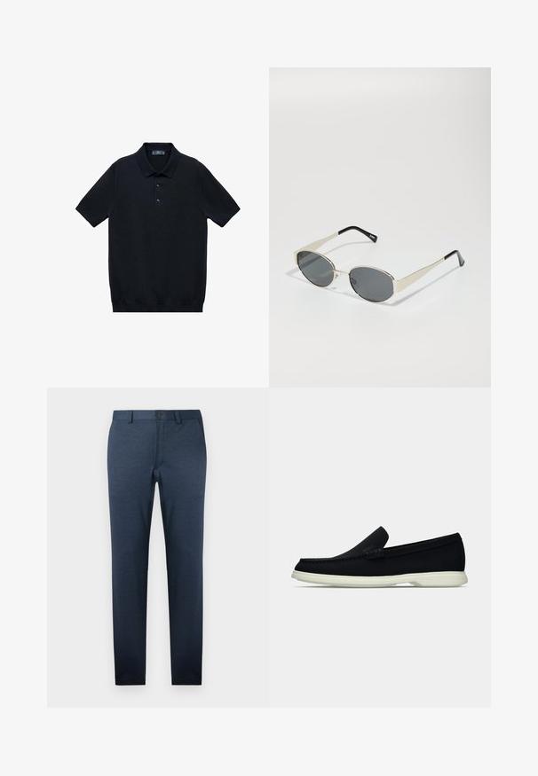 Black short-sleeve polo shirt made from smooth fabric with a classic collar and three-button placket; features a straight hem at the bottom.; Dark blue trousers made of textured fabric, with a slim fit, flat front, and a single button closure at the waistband.; Black slip-on shoe with a rounded toe, featuring a textured upper, smooth white sole, and subtle branding detail on the side.; Sunglasses with oval gray lenses, silver metal frame, and black accents on temples. Features a sleek design and minimal hardware.