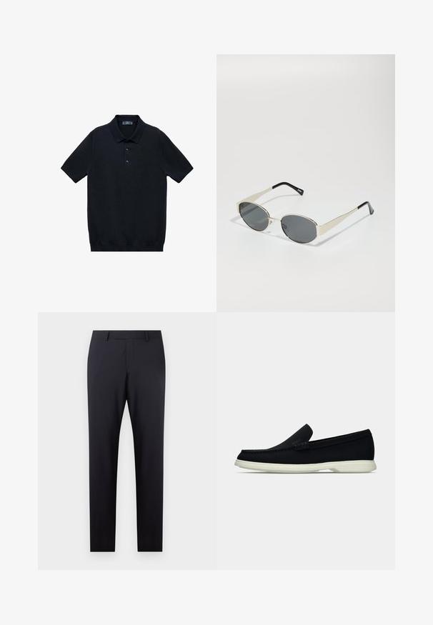 Črna polo majica s kratkimi rokavi, izdelana iz gladkega materiala, z uhano ovratnikom in tri gumbi; ima ravno rob na dnu.; Temno modri krojeni hlače z ravnim prednjim delom, oprijet kroj, stranske žepke in gladko teksturo; brez vidnih vzorcev ali okrasnih elementov.; Črne slip-on čevlje z zaobljenim nosom, ki imajo strukturirano zgornji del, gladek bel podplat in subtilen logotip na strani.; Sončna očala z ovalnimi sivo-lenskimi lečami, srebrnim kovinskim okvirjem in črnimi poudarki na tempeljih. Očala se ponašajo z elegantnim dizajnom in minimalnimi dodatki.