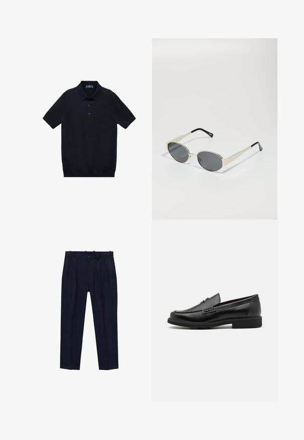Zwart kortemouwen polo shirt gemaakt van een gladde stof met een klassieke kraag en een drie-knopen boord; heeft een rechte zoom aan de onderkant.; Maritieme broek van gladde stof, met een iets getailleerde pasvorm, voorplooien, riemlussen en een enkel knoopsluiting.; Zwarte synthetische loafers met een opvallende gestikte voorkant, gevoerde binnenzool en platte rubberen buitenzool; slank ontwerp met minimale details.; Zonnebril met ovale grijze lenzen, zilveren metalen frame en zwarte accenten op de pootjes. Beschikt over een strak ontwerp en minimale hardware.