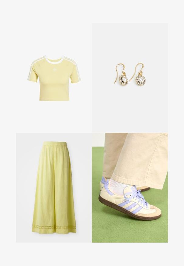 Kurzärmeliges gelbes T-Shirt aus weichem Stoff, mit weißem geripptem Kragen und drei weißen Streifen auf jeder Schulter, mit Logo auf der Brust.; Gelbe weit geschnittene Hose aus strukturiertem Stoff mit einem elastischen Bund. Besitzt ein häkelartiges Detail am Saum.; Cremefarbene und lavendelfarbene Sneakers mit drei Streifen und einer strukturierten braunen Sohle, ausgestattet mit Schnürsenkeln und einer gepolsterten Ferse. Obermaterial aus weichem Stoff.; Goldfarbene Ohrringe mit ovalen klaren Kristallen, die von kleineren klaren Steinen umgeben sind, und einem Haken-Design für sicheren Halt.