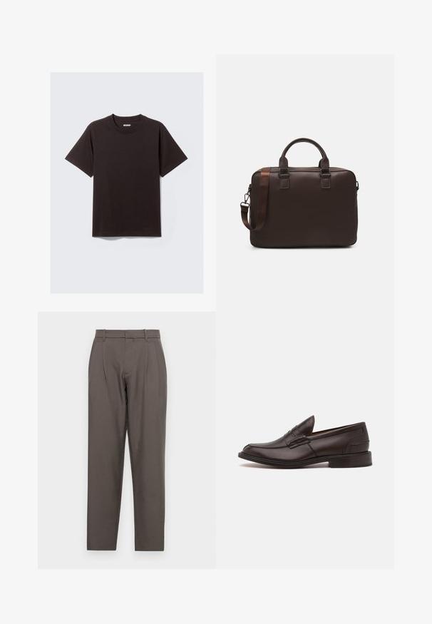 Jednoduché čierne tričko s krátkym rukávom z bavlny s okrúhlym výstrihom a malou nálepkou "WEEKDAY" na vnútornej strane goliera.; Jack & Jones JPSTBILL JJDAYTONA WIDE - Nohavice - pavement; Tricker's JAMES SOLE FIT - Elegantné našuchovačky - chesnut burnished; Hnedá kožená taška na laptop s textúrovaným povrchom, dvojitými hornými uchami, nastaviteľným popruhom a dvoma prednými prackami pre pridaný detail.