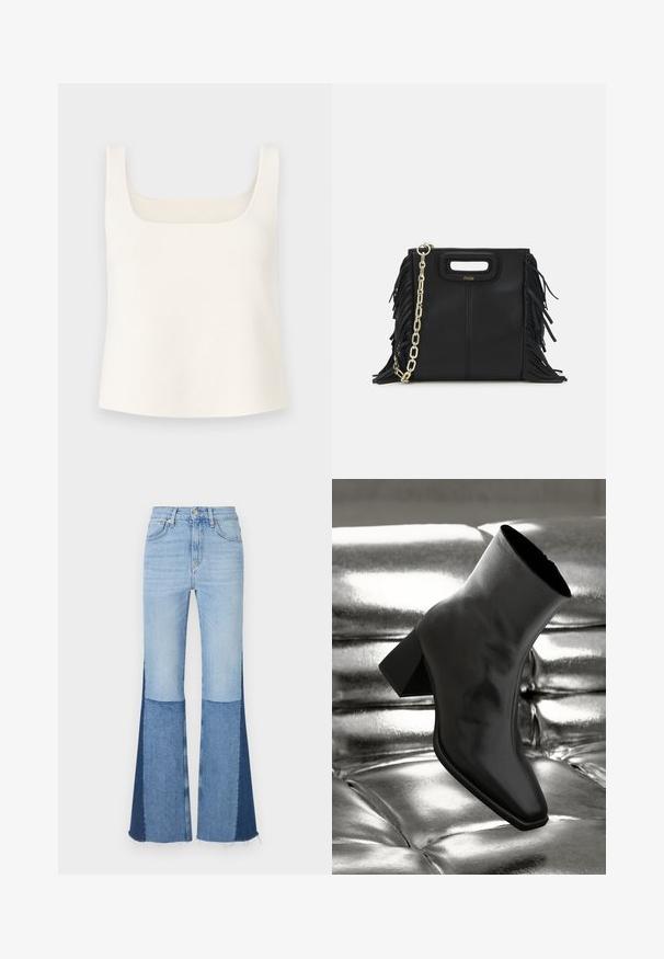 White knitted tank top with a square neckline, wide shoulder straps, and a relaxed fit, featuring a smooth texture and no patterns.; Denim flared jeans featuring light and dark blue patchwork segments, a high waist, and frayed hems for added texture and detail.; Black ankle boot made of glossy material with a square toe and tapered heel, set against a shiny silver tufted background.; Black leather handbag with fringe details, gold chain shoulder strap, and a cut-out handle. Features logo placement on the front.