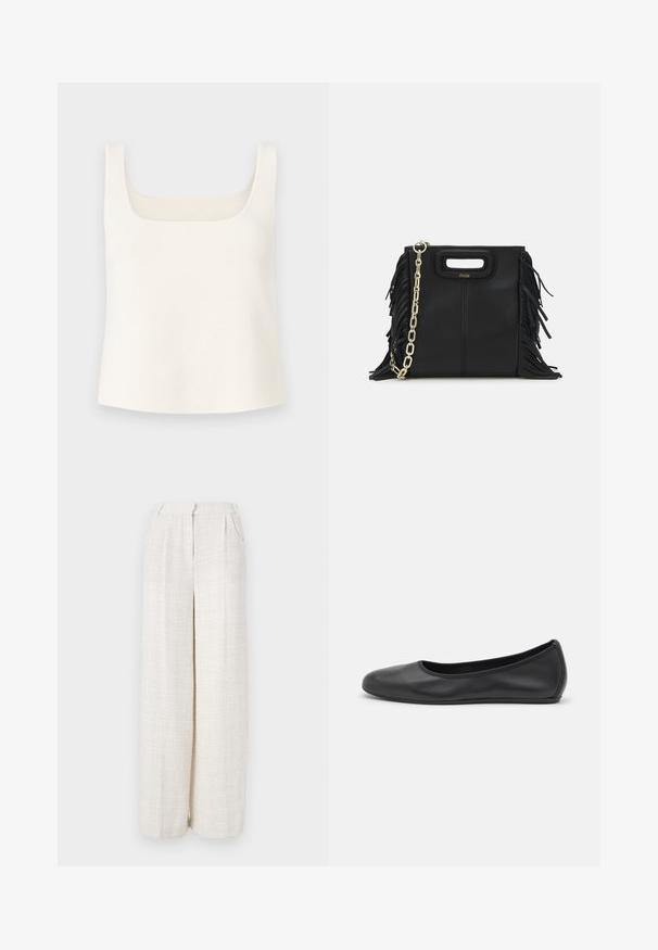 Hvit strikket tanktop med firkantet utringning, brede skulderstropper og avslappet passform, med en glatt tekstur og uten mønstre.; Vide benbukser i en lys beige stof med et tekstureret, vævet mønster. Har en forreste talje og ingen synlige lukninger.; Svart skinnballettflatt med rund tå, glatt tekstur, minimal sømdetalj, og et fleksibelt såledesign.; Svart læderhåndtaske med frynsedetaljer, guldkæde skulderrem og udskåret håndtag. Har logo placeret på forsiden.
