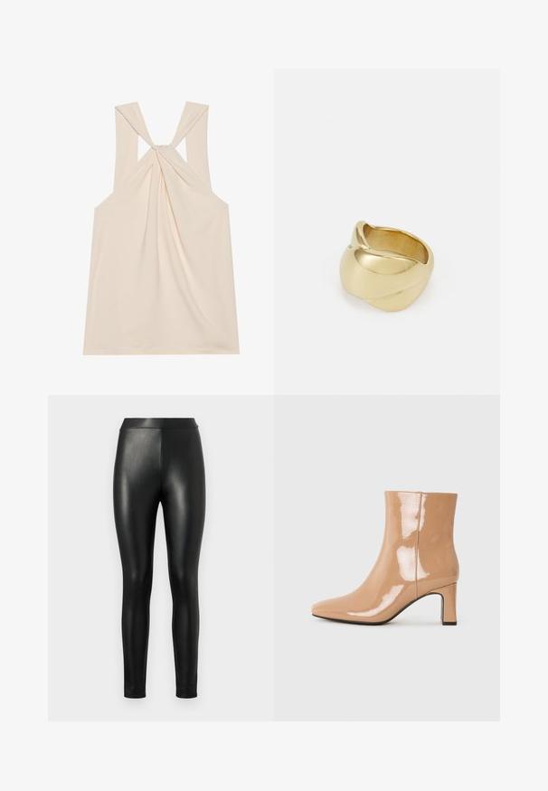 Top bej elegant, cu un design cu spatele răsucit, material moale, bretele late și o formă în A cu o siluetă fluidă.; Leggins din piele sintetică negre cu o textură netedă, talie înaltă și o croială strânsă, concepute pentru a oferi un profil elegant.; Botine nude din patent cu vârful ascuțit, finisaj lucios și toc mediu bloc. Textură netedă și siluetă elegantă.; Iarba de aur cu un design neted, răsucit. Prezintă o suprafață lustruită și marginile rotunjite, creând o formă fluidă, continuă.