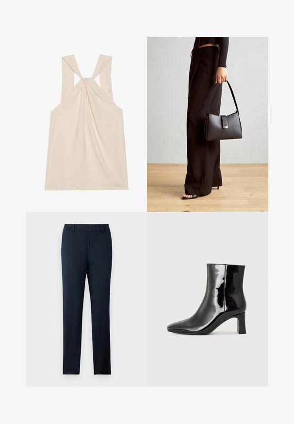 Svetla bež majica bez rukava z obrnjenim dizajnom na hrbtu, mehka tkanina, široki naramnice in A-linijska oblika s splošno silhueto.; Temno modri hlače iz mehkega raztegljivega blaga. Imajo ravno sprednjo stran, zanke za pas in ozek, zožen kroj nog.; Črne lakirane gležnjarje z ošiljenim nosom in srednje visokim blokastim peto. Gladka tekstura in minimalističen dizajn.; Črna torbica z strukturirano obliko, gladko teksturo in kovinskim zaponko. Ujemajo se z širokimi črnimi hlačami in odprtimi sandali na lesenem tleh.